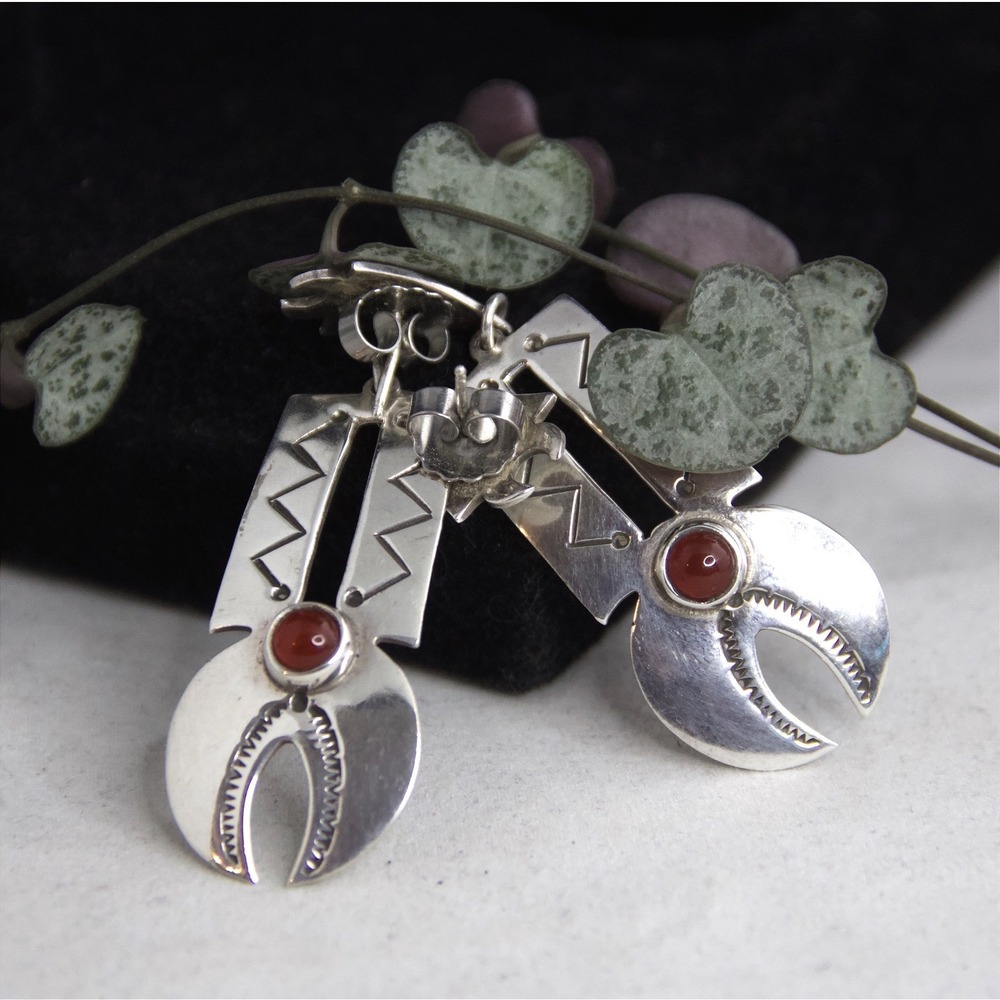 Native American Signed VH Sterling Silver Geometric Red Stone Dangle Earrings